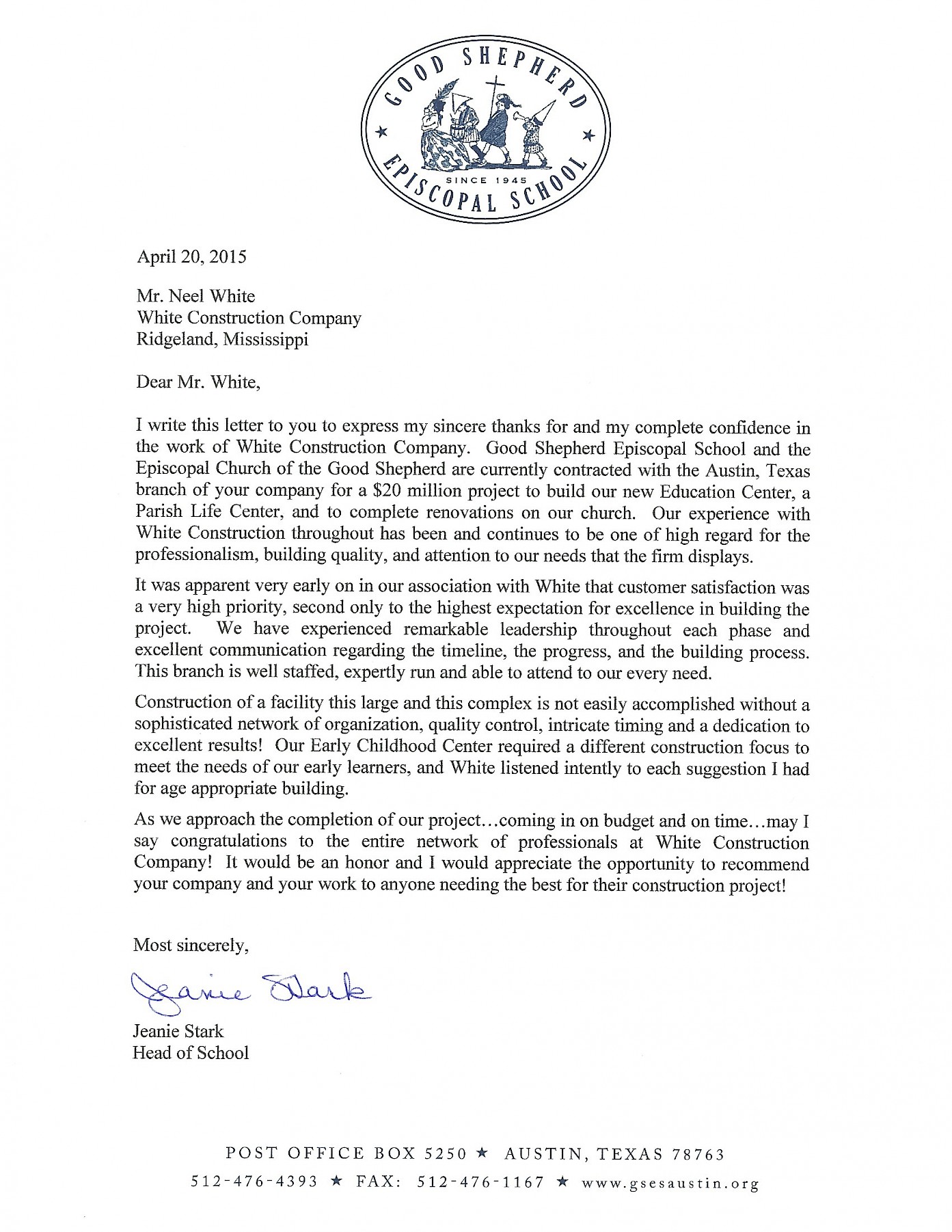 Appreciation Letter from Good Shepherd Episcopal School Appreciation Letter from Good Shepherd Episcopal School